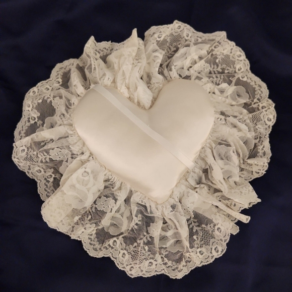 Vintage White Heart Shaped Satin and Lace Ringbearers Pillow - Picture 4 of 5